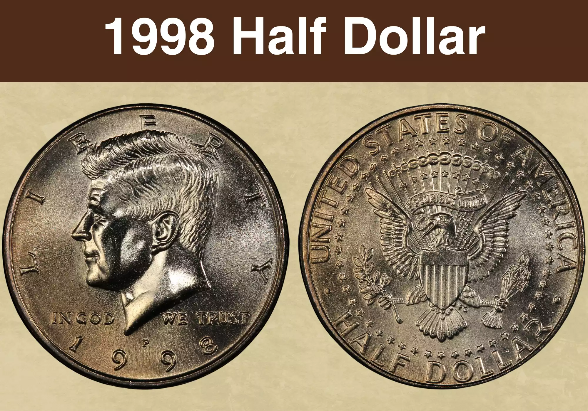 1998 Kennedy Half Dollar obverse and reverse showing the portrait of President Kennedy and the Presidential Seal eagle design