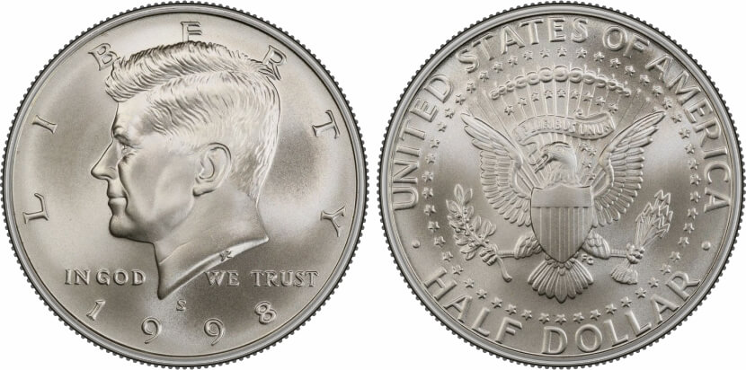 Side-by-side comparison of 1998-S standard proof Kennedy half dollar with mirror fields versus 1998-S Matte Finish SMS with uniform frosted surface texture