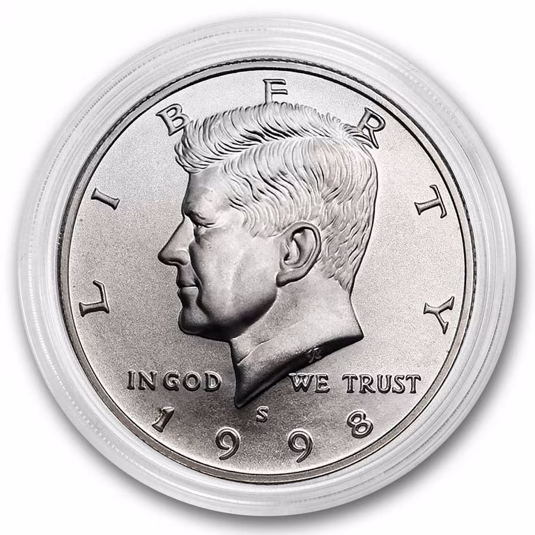 Close-up of 1998-S Matte Finish SMS Kennedy half dollar showing distinctive uniform frosted sandblasted texture across fields and devices