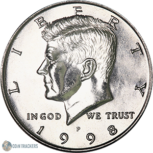 Close-up macro view of 1998-P Kennedy half dollar LIBERTY inscription showing doubled die obverse spreading under magnification