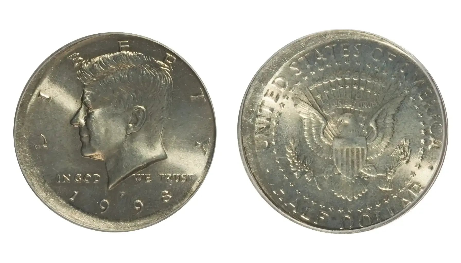 1998-D Kennedy half dollar off-center strike error showing design shifted off-center with visible blank metal crescent on the coin edge