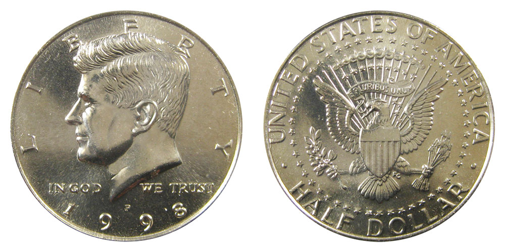 Group of 1998 Kennedy half dollar varieties showing all five mint issues: 1998-P, 1998-D, 1998-S clad proof, 1998-S silver proof, and the rare 1998-S Matte Finish SMS