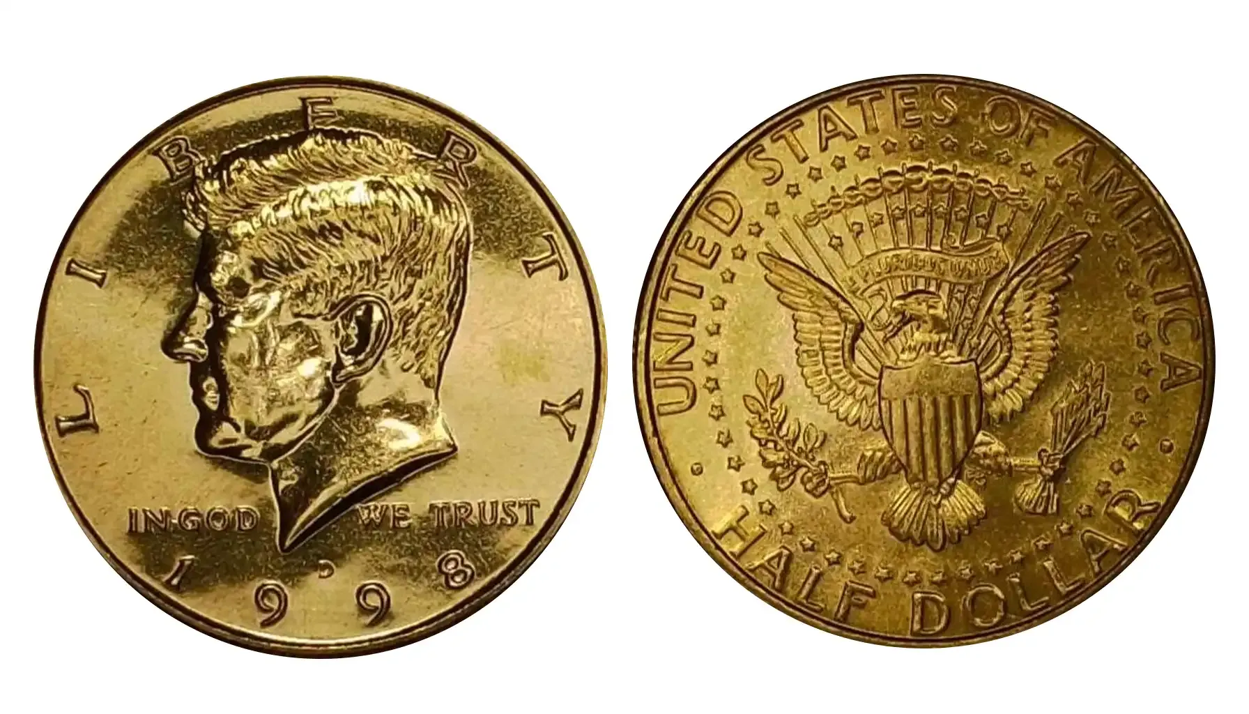Kennedy half dollar grading strip showing four condition tiers from worn to gem uncirculated with visible differences in luster and detail